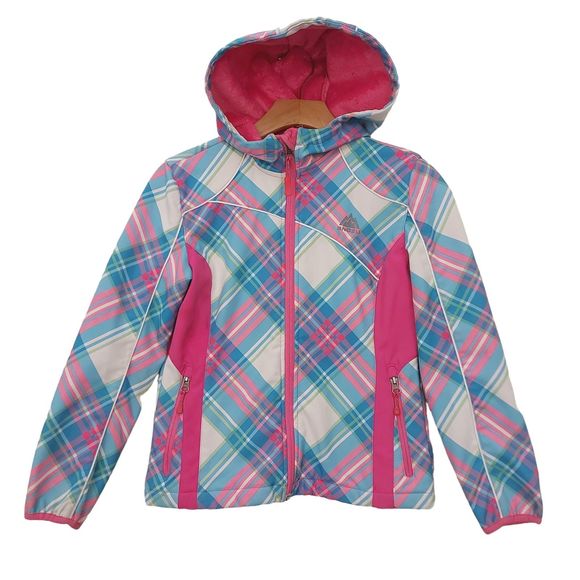 Snozu Girls Winter Hooded Jacket Medium 10/12 Pink Blue Fleece Inside Full Zip - Picture 1 of 11